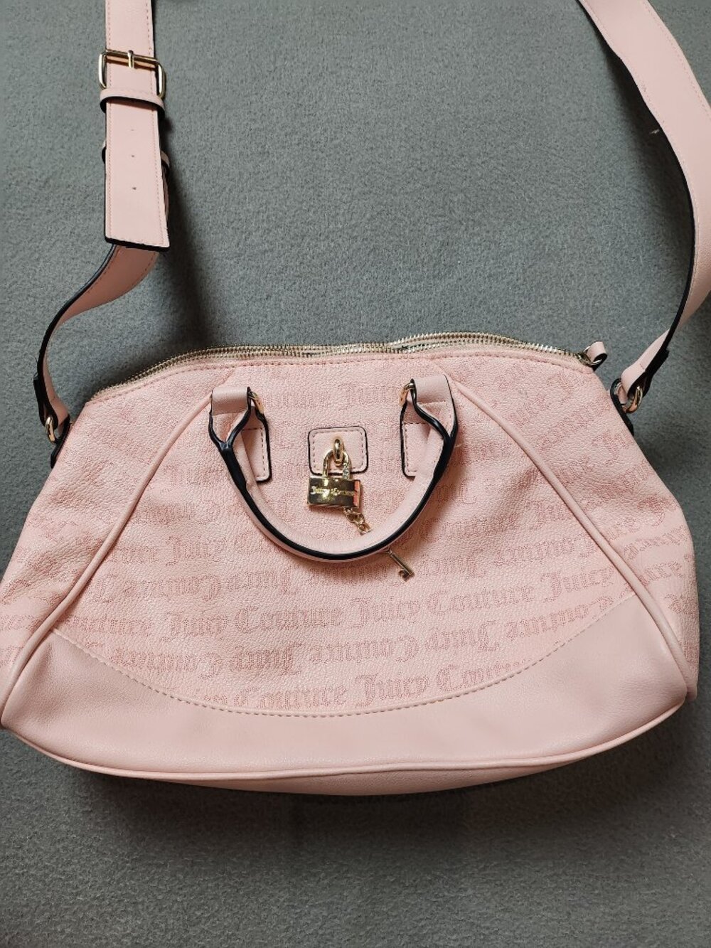 Juicy Couture Pink Logo Dome Satchel Bowler Bag Padlock Charm Crossbody Strap